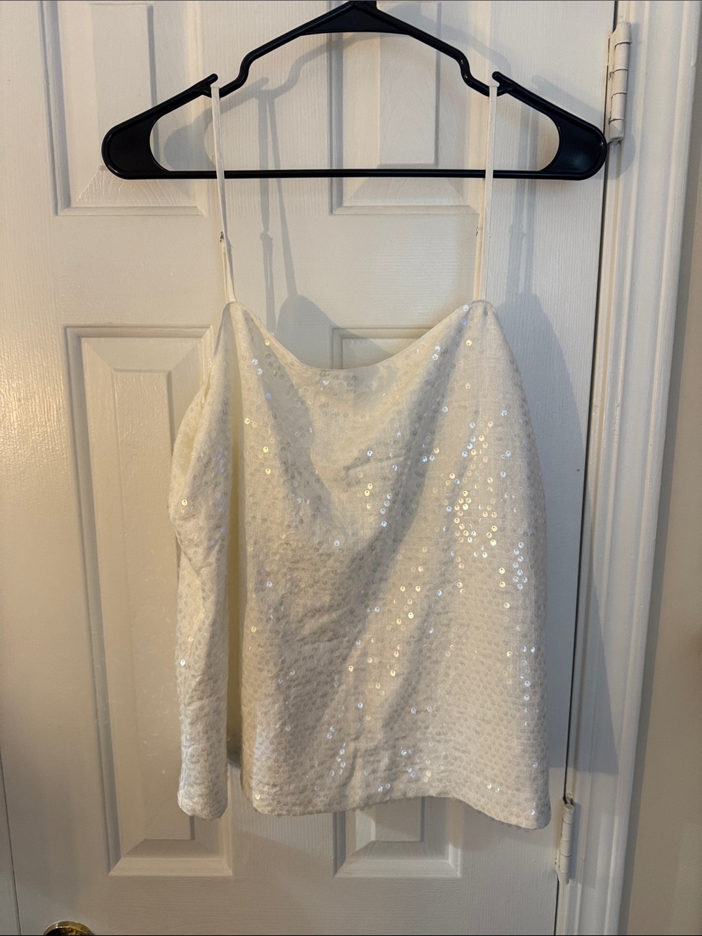 White Sequin Cowl Neck Spaghetti Strap Top